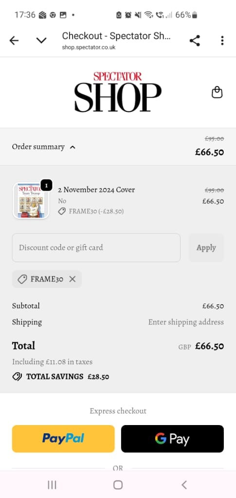 Screenshot of the Spectator discount code working