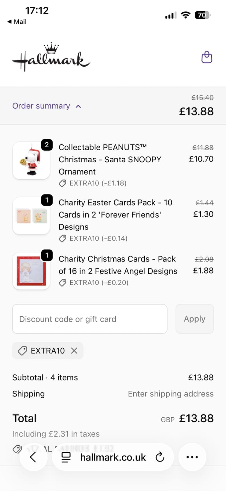 Screenshot of the Hallmark discount code working