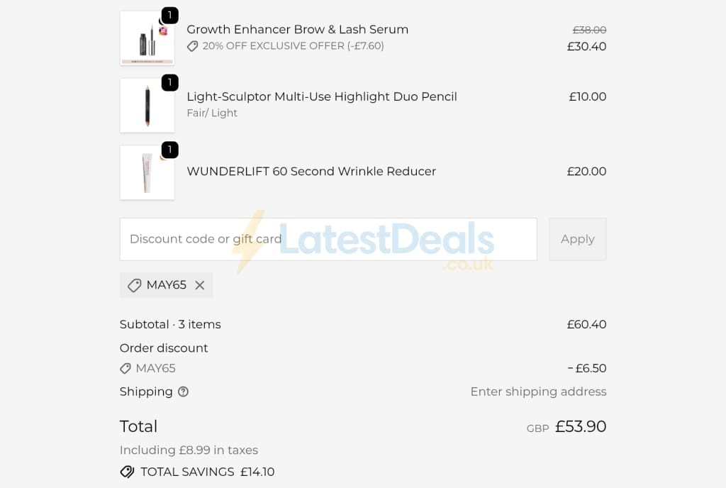 Screenshot of the Wunderbrow discount code working