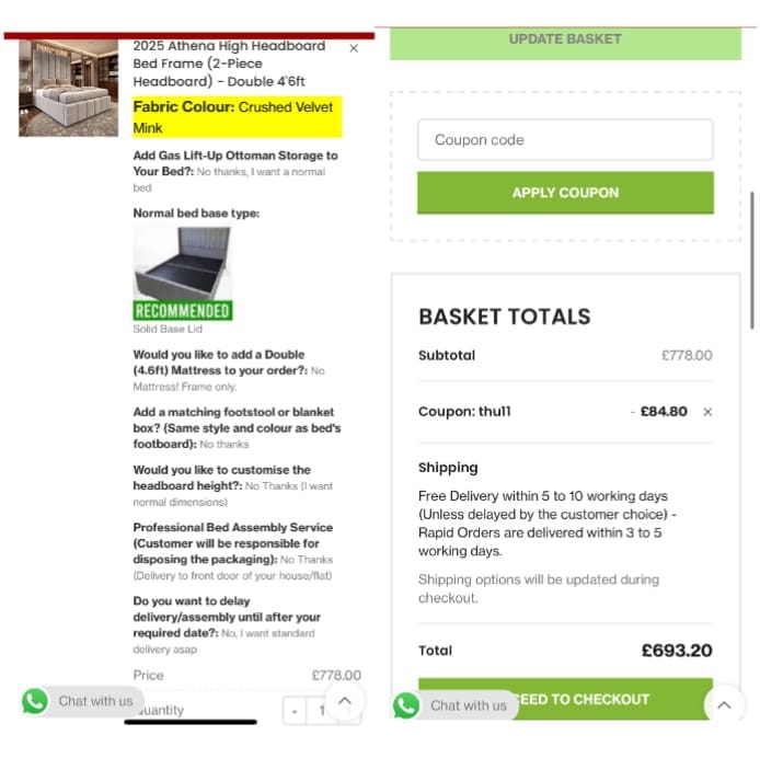Screenshot of the PSCL Beds discount code working
