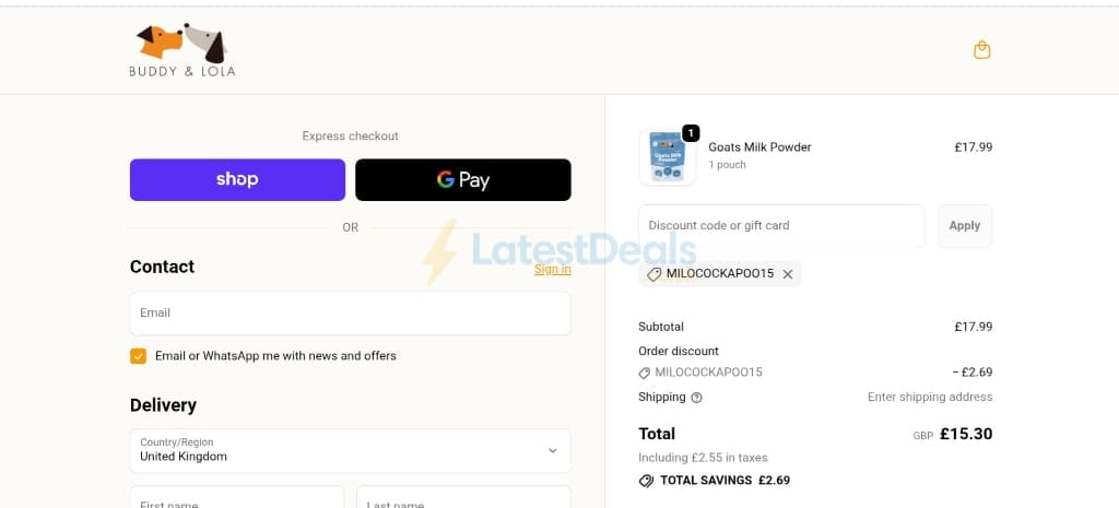 Screenshot of the Buddy & Lola discount code working