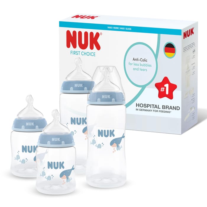NUK First Choice Babyflaschen-Set – 4 Flaschen, Sauger, Schnuller & Bürste Für 0–6 Monate