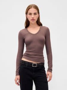 Modern Brown Long Sleeve Sheer Ribbed T-Shirt