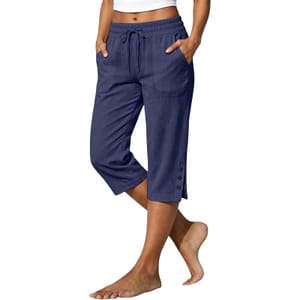 Yinguo Women's Summer Linen-Look Capri Trousers, Dark Blue