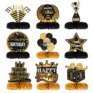 9pcs Black and Gold Birthday Centerpieces with Honeycomb Table Decorations