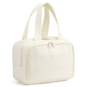 SUIKIHUM Puffy Travel Makeup Bag with Handle Beige Lightweight