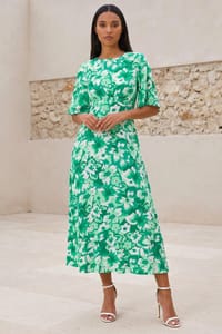Roman Floral Print Angel Sleeve Midi Dress
