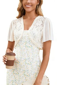 Enjyam Women's Crochet Lace Shrug Cardigan, Short Sleeve, Apricot XL