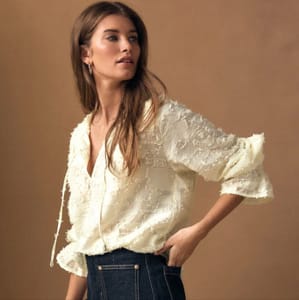 Ecru Linen Blend Tufty Jacquard Long Sleeve Blouse
