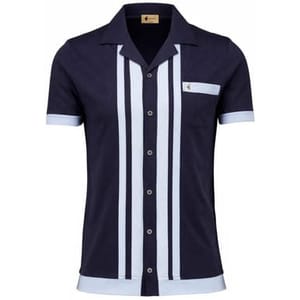 Gabicci Vintage Pulp Retro 70s Stripe Revere Jersey Shirt in Navy