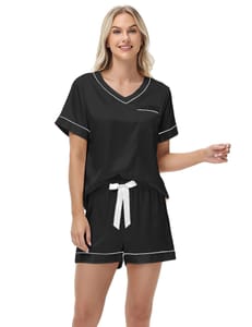 HANERDUN Women's Satin Pajama Set Sleepwear Black