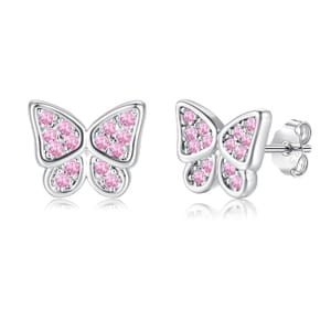 Kamise Sterling Silver Butterfly Stud Earrings, Pink Zirconia, 8mm, Hypoallergenic
