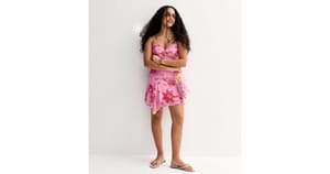 Girls Pink Stud Embellished Tropical Floral Print Mini Dress