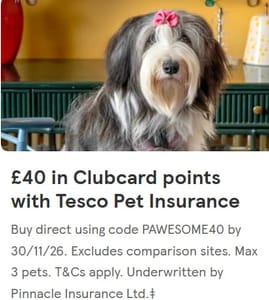 Get £40 In Clubcard Points With Tesco Pet Insurance