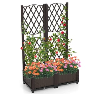 Raised Garden Bed Double Box Garden Planter w/Trellis & Drainage Holes