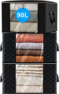 ASelected 90L Clothes Storage Bag with Zipper, Clear Window, 3-Pack