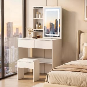 VWYUK LED Dressing Table with Mirror, 3 Lighting Modes, 2-Drawer
