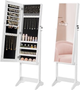 SONGMICS Standing Jewelry Armoire with Full-Length Mirror, Lockable, White/Black JJC69WT
