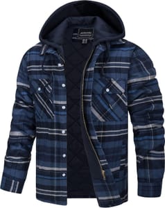 TACVASEN Men's Plaid Flannel Hooded Jacket, Long Sleeve, Blue Gray