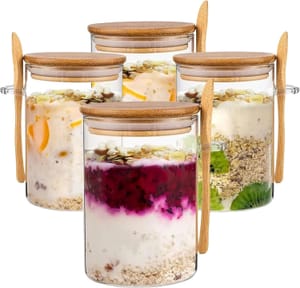Eidoct 4-Pack Overnight Oats Containers with Wooden Lids and Spoon