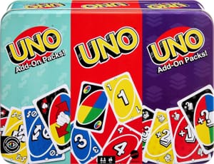 Mattel Games UNO Card Game with 2 Add on Packs with Storage Tin