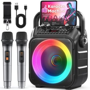 Karaoke Machine with 2 Wireless Mics, Portable Bluetooth Speaker