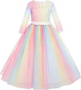Flower Girl Dress First Communion Lace Tulle 3/4-Sleeve Rainbow-White