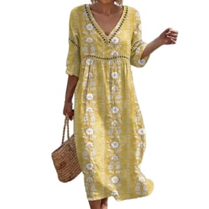 Yellow Midi Boho Summer Dress for Women 3/4 Sleeve