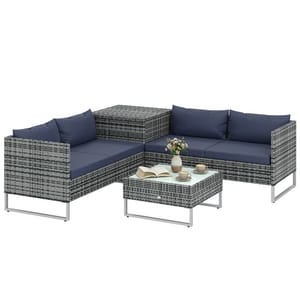 Outsunny Rattan Garden Furniture Set with Storage Table, Cushions, Dark Blue