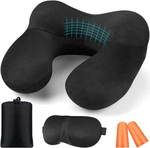 Inflatable Travel Neck Pillow with Ear Plugs, Velvet, Ergonomic, Black