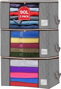 90L Zip Storage Bags, Foldable, Transparent Window, Grey, 3-Pack