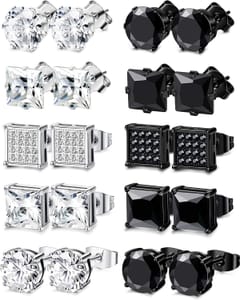 Kalvica 10 Pairs Stainless Steel Stud Earrings Cubic Zirconia 6mm