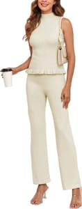 Famulily Women's Lounge Set - High-Neck Ribbed Top, Knit Pants, Beige