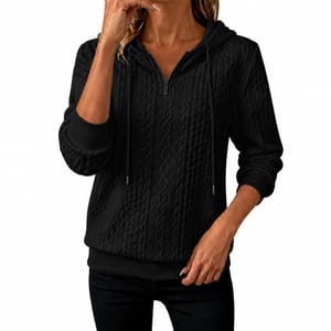 YBEBEWE Women's Cable Knit Hoodie Half Zip Black