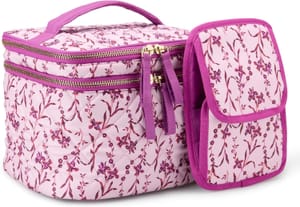 Amazon Essentials Quilted Makeup Bag with Brush Storage, Pink Floral