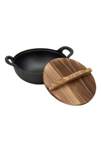 Black Cast Iron Wok with Dual Handles and Wooden Lid