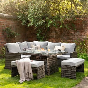 Sintra Grey Rattan Corner Dining Set with Fire Pit Table, Seats 6-8