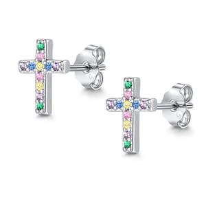 Cangall Silver Stud Earrings for Women with Colorful CZ Cross