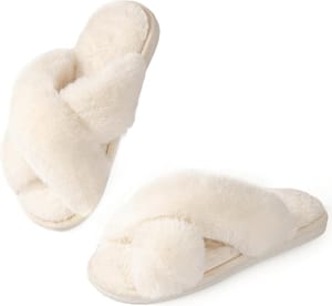 Ankis Women's White Fluffy Slippers, Memory Foam, Cross Band