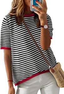 PASUDA Women's Short Sleeve Round-Neck Striped Knit Tee Black XL