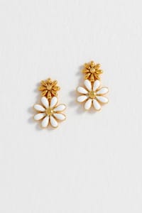 White Enamel Double Flower Studs Gold Plated