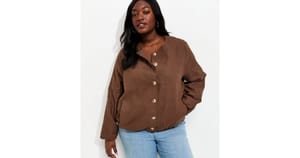 Curves Dark Brown Linen Button through Bomber Jacke