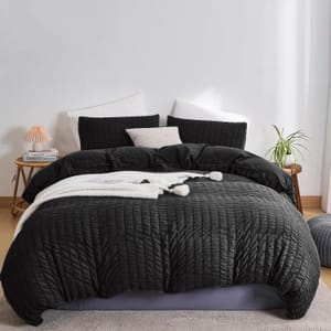 DuShow King Size Duvet Cover Set, Zippered, Textured Black Seersucker