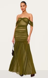 PrettyLittleThing Mesh Bardot Ruched Detail Maxi Dress