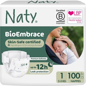 Naty BioEmbrace Baby Newborn Nappies, Size 1 (25kg), 100 Count