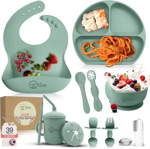 O'doe 11-Piece Baby Weaning Set with Suction Bowl, Spoons, Bibs