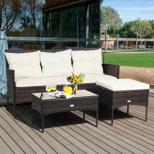 Costway 3 PCS Patio Rattan Conversation Set 3 Seater Garden Corner Sofa Set