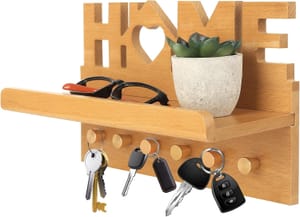 Rustic Wooden Wall Key Holder with 6 Hooks for Entryway