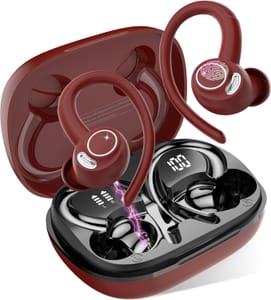 Sports Wireless Earbuds with EarHooks HiFi Stereo Sound, Elegant Red