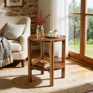 Tribewood round Solid Wood Side Table, 2-Tier with Storage, Brown